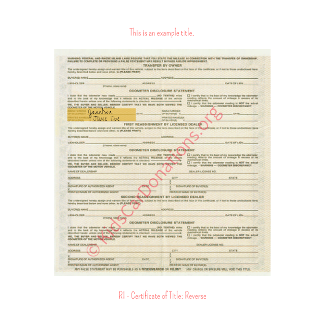 This is an Example of Rhode Island Certificate of Title (Copy 3) Reverse View | Kids Car Donations